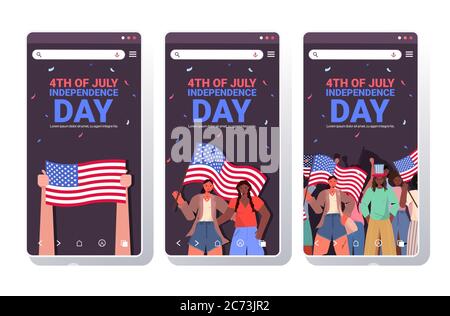 set mix gara persone che tengono usa bandiere festeggiando 4 luglio american independence day concept smartphone screen collection orizzontale copia spazio vettore illustrazione Illustrazione Vettoriale