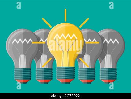 Lampadina idea luminosa. Unicità, individualità, pensare in modo diverso fuori dalla folla. Simbolo di creatività, visioni, idee, ispirazione, motivazione. Avvio aziendale. Illustrazione vettoriale piatta Illustrazione Vettoriale