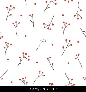 Motivo stagionale senza cuciture con ramoscelli di rowan con bacche rosse isolate su sfondo bianco, stile vintage retro. Vector EPS10 design per tessuti Illustrazione Vettoriale