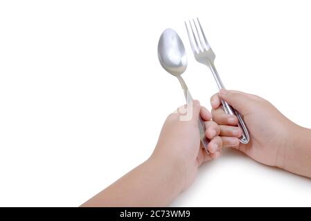 Cucchiaio per mani e forchetta isolati su sfondo bianco Foto Stock