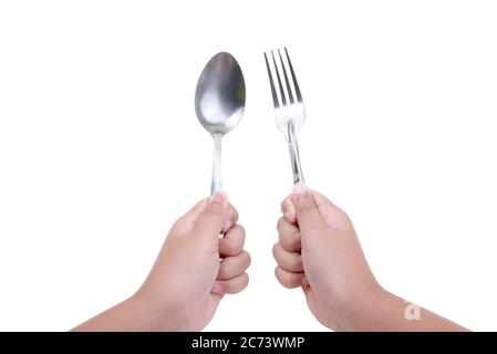 Cucchiaio per mani e forchetta isolati su sfondo bianco Foto Stock