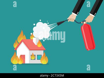 Uomo d'affari con estintore sta combattendo con la casa in fiamme. Concetto di settore immobiliare. Illustrazione vettoriale Illustrazione Vettoriale