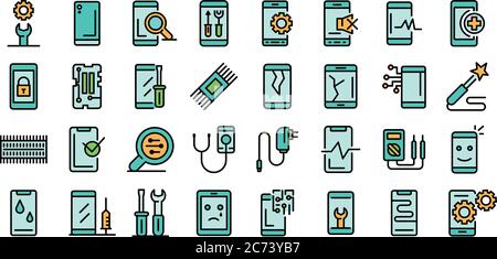 Le icone di riparazione del telefono cellulare impostano il vettore piatto Illustrazione Vettoriale