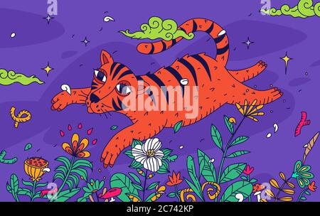 Illustrazione di una tigre che vola su un campo di fiori. Vettore. Carino gatto cartoon in stile doodle. Stile decorativo per interni e libri. Charact Illustrazione Vettoriale