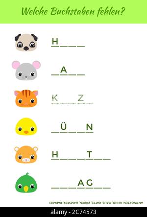 Welche Buchstaben fehlen? - quali lettere mancano? Completare le parole. Gioco educativo corrispondente per i bambini con animali carini. Illustrazione Vettoriale