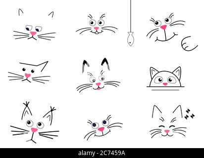 Impostare i volti di gatti carini su uno sfondo bianco. Felici, tristi e pensierosi gatti isolati. Grafico vettoriale in piano. Per la stampa su tazza, t-shi Illustrazione Vettoriale