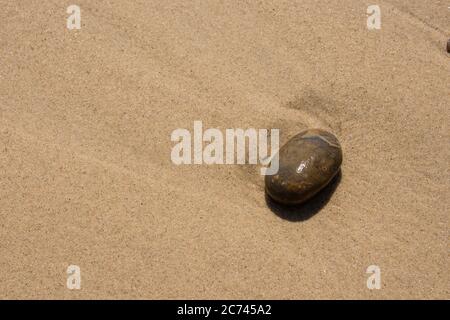 Una spiaggia liscia singola ciottoli su uno sfondo di sabbia liscia lavata con acqua Foto Stock