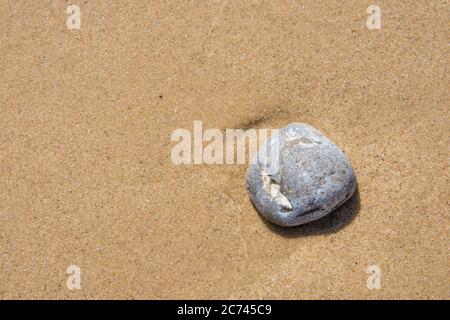 Una spiaggia liscia singola ciottoli su uno sfondo di sabbia liscia lavata con acqua Foto Stock