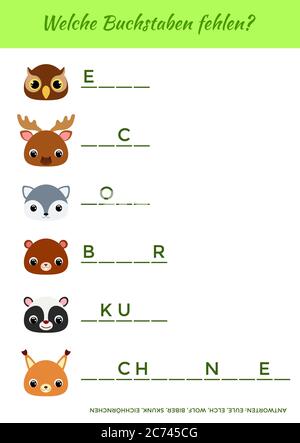 Welche Buchstaben fehlen? - quali lettere mancano? Completare le parole. Gioco educativo corrispondente per i bambini con animali carini. Illustrazione Vettoriale