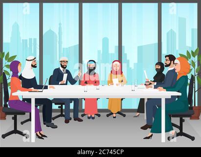 Gli uomini d'affari arabi discutono di meeting moderno ufficio. Conferenza musulmana vettore di fumetti piatti Illustrazione Illustrazione Vettoriale
