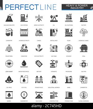 Set di icone nere classiche per il settore dell'olio, del pesante e dell'energia Illustrazione Vettoriale
