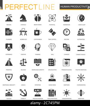 Icone nere classiche della produttività umana impostate isolate Illustrazione Vettoriale