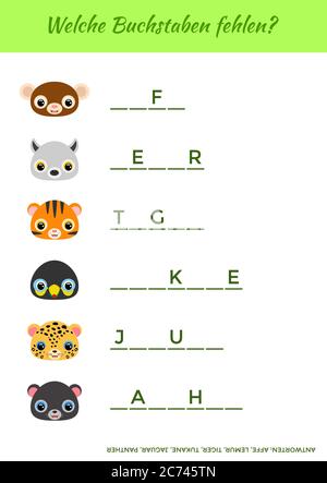 Welche Buchstaben fehlen? - quali lettere mancano? Completare le parole. Gioco educativo corrispondente per i bambini con animali carini. Illustrazione Vettoriale