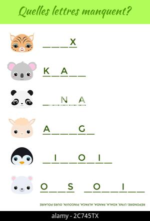 Quelles lettres manquent? - quali lettere mancano? Completare le parole. Gioco educativo corrispondente per i bambini con animali carini. Attività educative Illustrazione Vettoriale