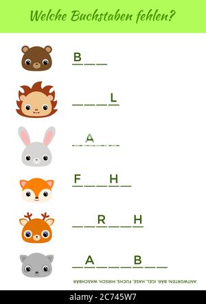 Welche Buchstaben fehlen? - quali lettere mancano? Completare le parole. Gioco educativo corrispondente per i bambini con animali carini. Illustrazione Vettoriale