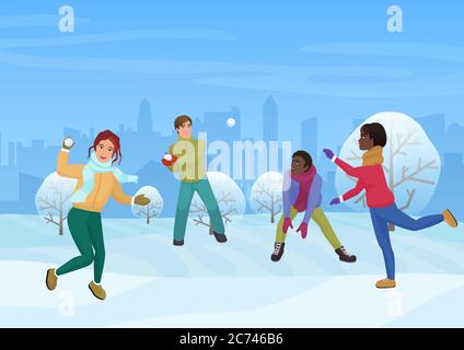 Il gruppo di amici che giocano le palle di neve fuori dell'illustrazione vettoriale Illustrazione Vettoriale