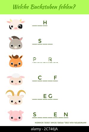 Welche Buchstaben fehlen? - quali lettere mancano? Completare le parole. Gioco educativo corrispondente per i bambini con animali carini. Illustrazione Vettoriale