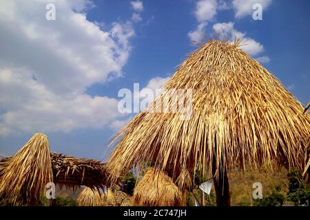 Gruppo di ombrelloni di Straw Beach con Sunny Cloudy Sky sullo sfondo Foto Stock