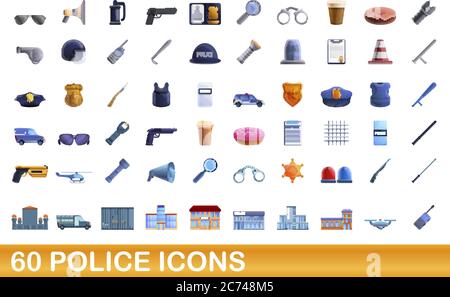 60 icone della polizia. Illustrazione cartoon di 60 icone della polizia vettore insieme isolato su sfondo bianco Illustrazione Vettoriale