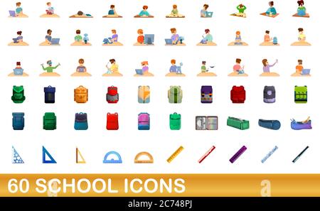 60 set di icone della scuola. Illustrazione cartoon di 60 icone della scuola vettore insieme isolato su sfondo bianco Illustrazione Vettoriale
