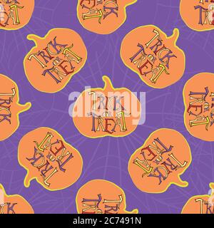Halloween funky trucco o trattare tipografia vettore senza giunture sfondo modello. Sfondo viola testurizzato spiderweb di testo spettrale disegnato a mano su arancione Illustrazione Vettoriale