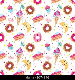 Set di dolci carini. Ciambelle, muffin, pasta, caffè, tè, tazza, torta, gelati e croissant. Dolci sorridenti. Caratteri. Illustrazione Vettoriale