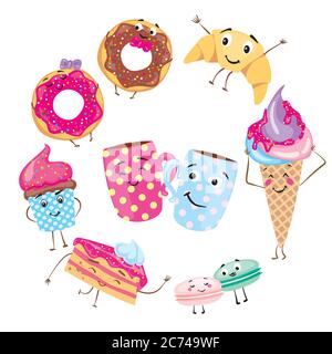 Set di dolci carini. Ciambelle, muffin, pasta, caffè, tè, tazza, torta, gelati e croissant. Dolci sorridenti. Caratteri. Illustrazione Vettoriale