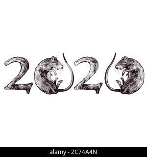 Nuovo anno 2020, anno del Rat, numeri 2020 con ratti per zeri Illustrazione Vettoriale
