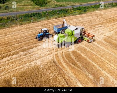 Vista dall'alto drone aereo macchina trebbiatrice industriale grande e potente raccoglitore di scarico di cereali di grano in trattore su campo luminoso giorno estivo Foto Stock