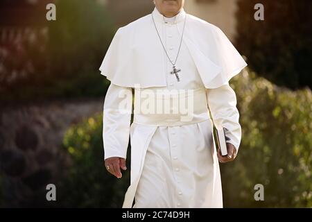 Papa cammina a fine giornata in giardino Foto Stock