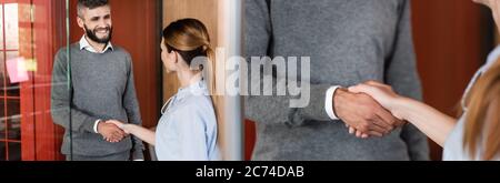 collage di uomo d'affari felice e donna d'affari che scuotono le mani Foto Stock