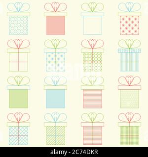 Set di confezioni regalo o regalo. Icona vettore contorno. Colori brillanti. Concetto di celebrazione. Ripetizione senza giunture Illustrazione Vettoriale