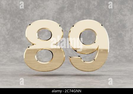 Gold 3d numero 89. Numero dorato lucido su fondo di cemento. Cifra metallica con riflessi luminosi da studio. rendering 3d. Foto Stock