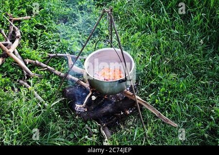 Cucina al fuoco sul campo Foto Stock