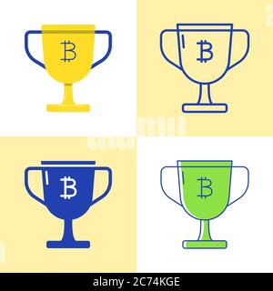 Bitcoin Block ricompensa icona in stile piatto e linea. Concetto di criptovaluta. Trofeo vincente con il simbolo B. Illustrazione vettoriale. Illustrazione Vettoriale