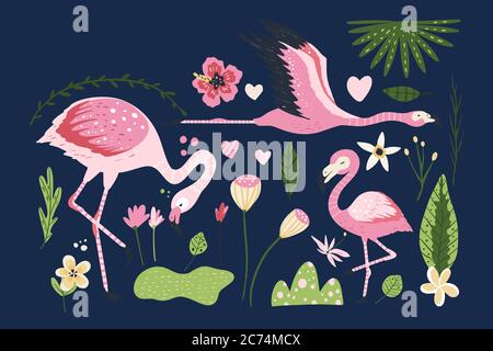 Set di animali vettoriali Flamingo. Illustrazione Vettoriale