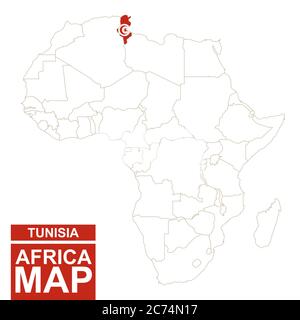 Africa ha contornato la mappa con la Tunisia evidenziata. Mappa e bandiera della Tunisia sulla mappa dell'Africa. Illustrazione vettoriale. Illustrazione Vettoriale