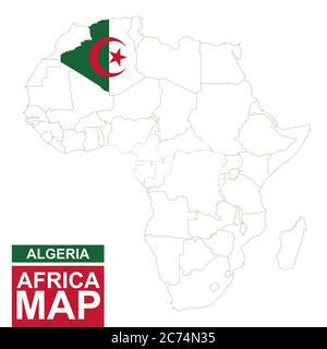 Africa ha contornato la mappa con l'Algeria evidenziata. Mappa e bandiera dell'Algeria sulla mappa dell'Africa. Illustrazione vettoriale. Illustrazione Vettoriale