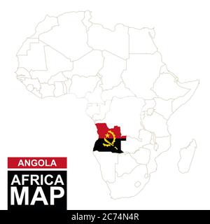 Africa ha contornato la mappa con l'Angola evidenziato. Mappa e bandiera dell'Angola sulla mappa dell'Africa. Illustrazione vettoriale. Illustrazione Vettoriale