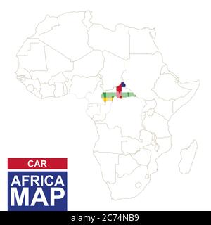 Africa ha tracciato una mappa con la Repubblica Centrafricana evidenziata. MAPPA E bandiera DELL'AUTO sulla mappa dell'Africa. Illustrazione vettoriale. Illustrazione Vettoriale
