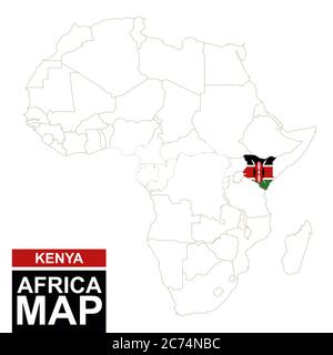Africa ha contornato la mappa con il Kenya evidenziato. Mappa e bandiera del Kenya sulla mappa dell'Africa. Illustrazione vettoriale. Illustrazione Vettoriale