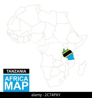 Africa ha contornato la mappa con la Tanzania evidenziata. Tanzania mappa e bandiera sulla mappa dell'Africa. Illustrazione vettoriale. Illustrazione Vettoriale