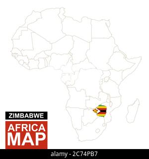 Africa ha contornato la mappa con lo Zimbabwe evidenziato. Mappa e bandiera dello Zimbabwe sulla mappa dell'Africa. Illustrazione vettoriale. Illustrazione Vettoriale
