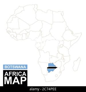 Africa ha contornato la mappa con il Botswana evidenziato. Mappa e bandiera del Botswana sulla mappa dell'Africa. Illustrazione vettoriale. Illustrazione Vettoriale