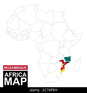 Africa ha contornato la mappa con il Mozambico evidenziato. Mappa e bandiera del Mozambico sulla mappa dell'Africa. Illustrazione vettoriale. Illustrazione Vettoriale