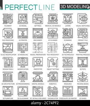 La tecnologia di stampa 3D, modellazione 3D e scansione delinea i mini simboli concettuali. Set di illustrazioni di stile lineare a tratti moderno. Icone sottili perfette Illustrazione Vettoriale