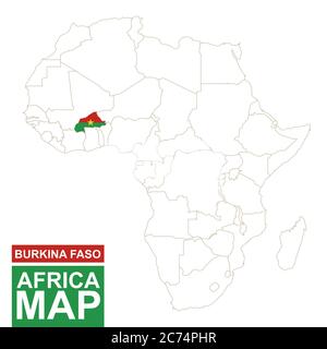 Africa ha contornato la mappa con evidenziato Burkina Faso. Mappa e bandiera del Burkina Faso sulla mappa dell'Africa. Illustrazione vettoriale. Illustrazione Vettoriale