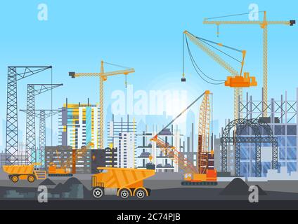 Sito web costruzione città in costruzione con gru a torre. Costruzione di lavori con case e macchine da costruzione. Illustrazione vettoriale Illustrazione Vettoriale