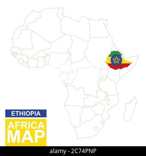Africa ha contornato la mappa con l'Etiopia evidenziata. Mappa e bandiera dell'Etiopia sulla mappa dell'Africa. Illustrazione vettoriale. Illustrazione Vettoriale