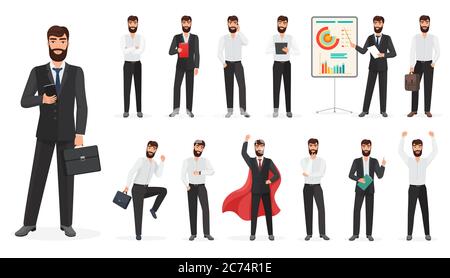 Insieme di carattere felice dell'uomo d'affari con le pose e le azioni differenti. Illustrazione vettoriale del fumetto costruttore Illustrazione Vettoriale
